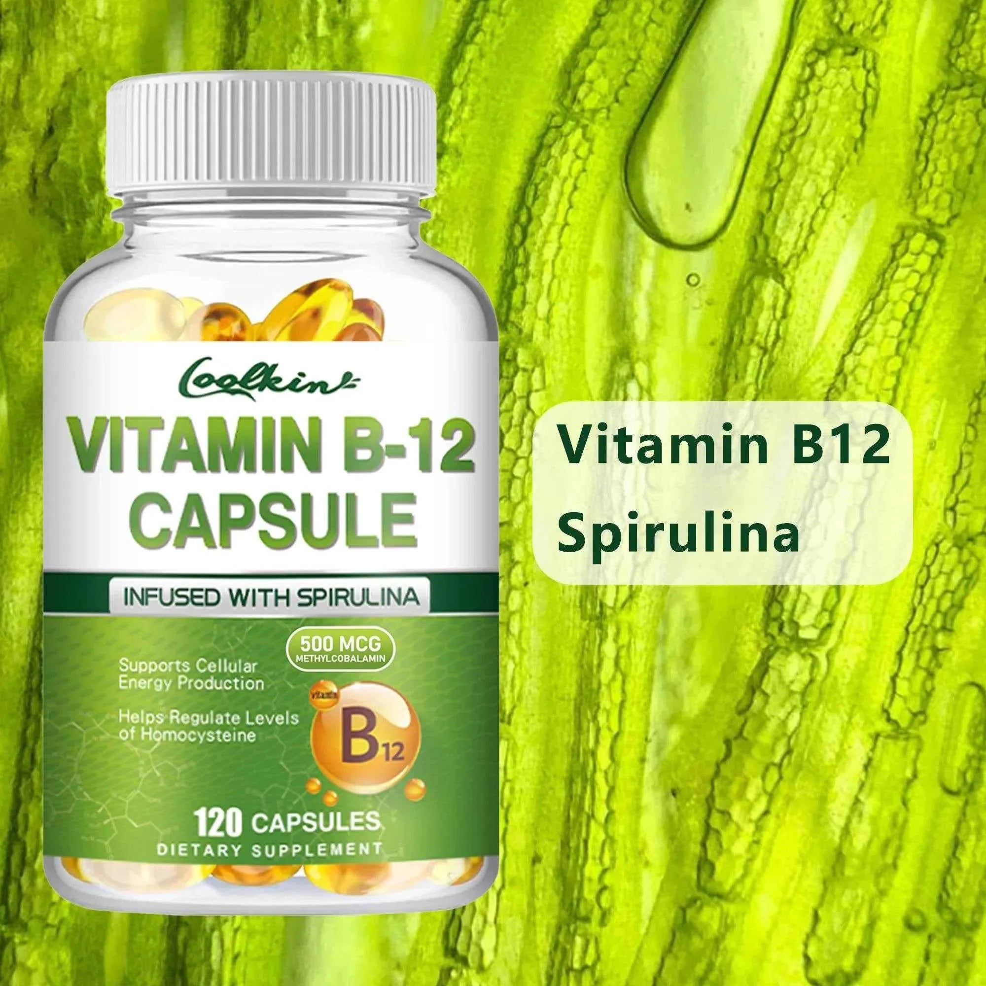Vitamin B12 Capsules - with Organic Spirulina - Supports Energy Metabolism, Mood, Heart and Nervous System Health - 120 Capsules