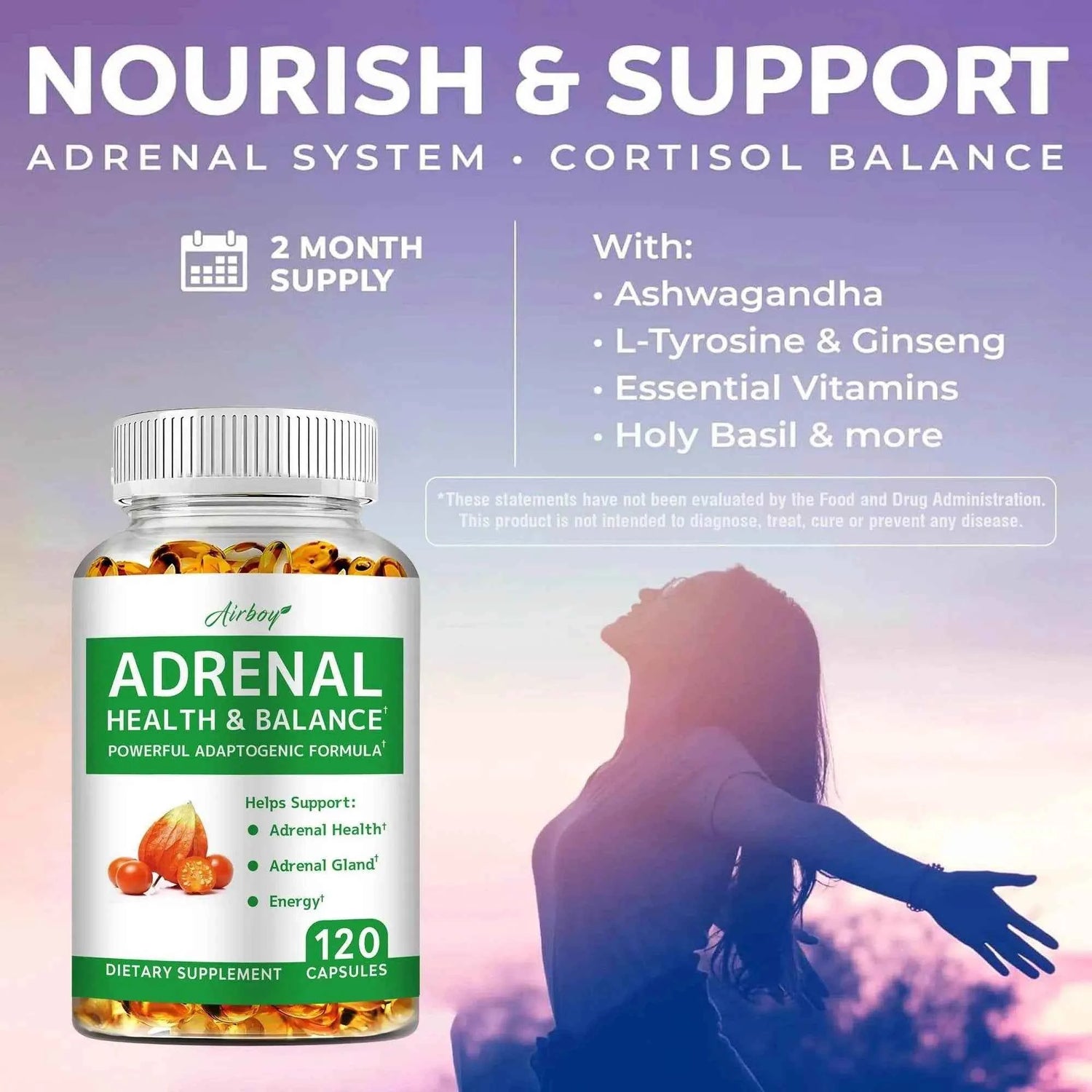 Adrenal Support - Releases Adrenal Fatigue, Cortisol Manager, Relaxes Stress and Anxiety, and Boosts Mood - 120 Capsules