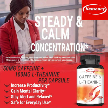 Caffeine &amp; L-theanine Capsules - Enhances Energy Levels, Focus and Concentration - 120 Capsules