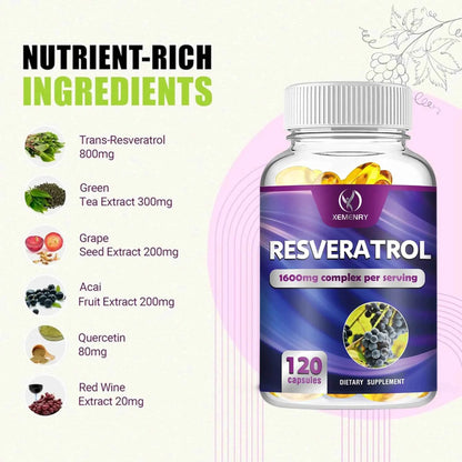 Resveratrol - Heart, Cardiovascular, Skin, Circulatory Health, Promotes Metabolism, Anti-aging, Antioxidant - 120 Capsules