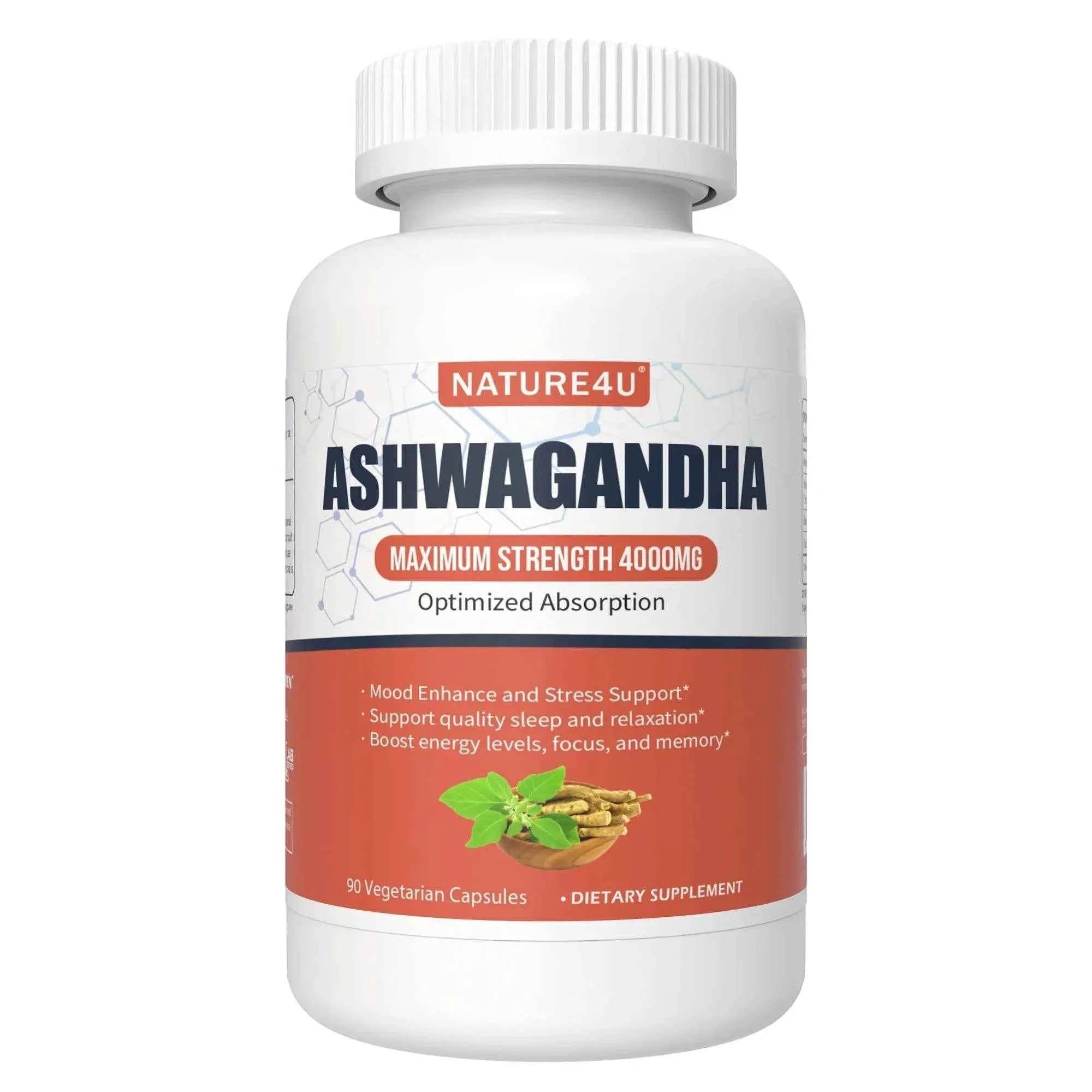 Nature4U Ashwagandha 4000mg Extra Strength, Natural Adaptogen Mood &amp; Stress Support, Sleep &amp; Energy Support, 90 Vegan Capsules