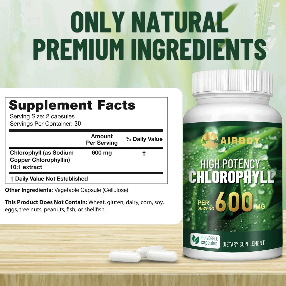 Chlorophyll Supplement 600mg - Relieves Eye Fatigue, Enhances Energy, Internal Cleanliness, Enhances Immunity - 60 Capsules