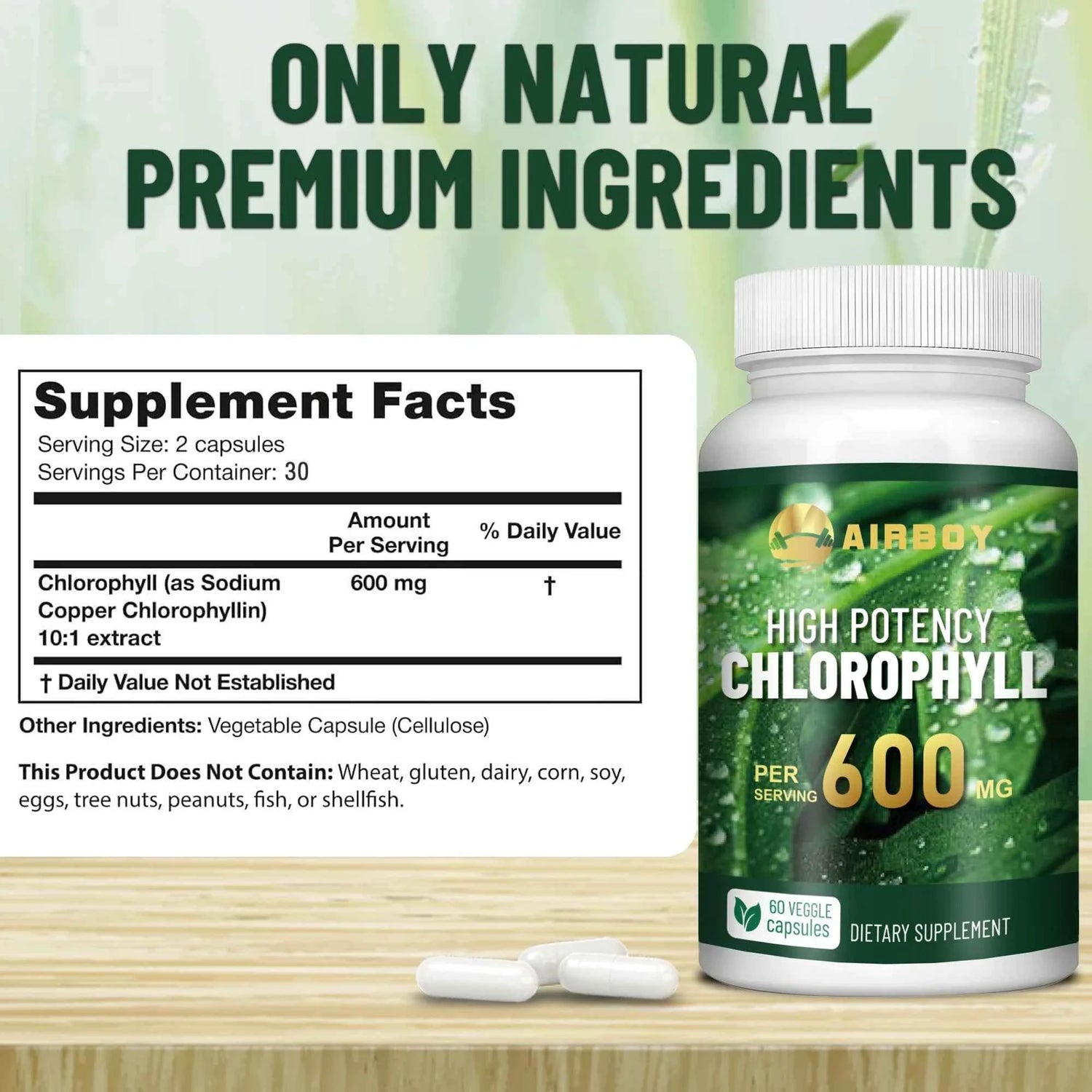 Chlorophyll Supplement 600mg - Relieves Eye Fatigue, Enhances Energy, Internal Cleanliness, Enhances Immunity - 60 Capsules