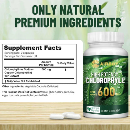 Chlorophyll Supplement 600mg - Relieves Eye Fatigue, Enhances Energy, Internal Cleanliness, Enhances Immunity - 60 Capsules