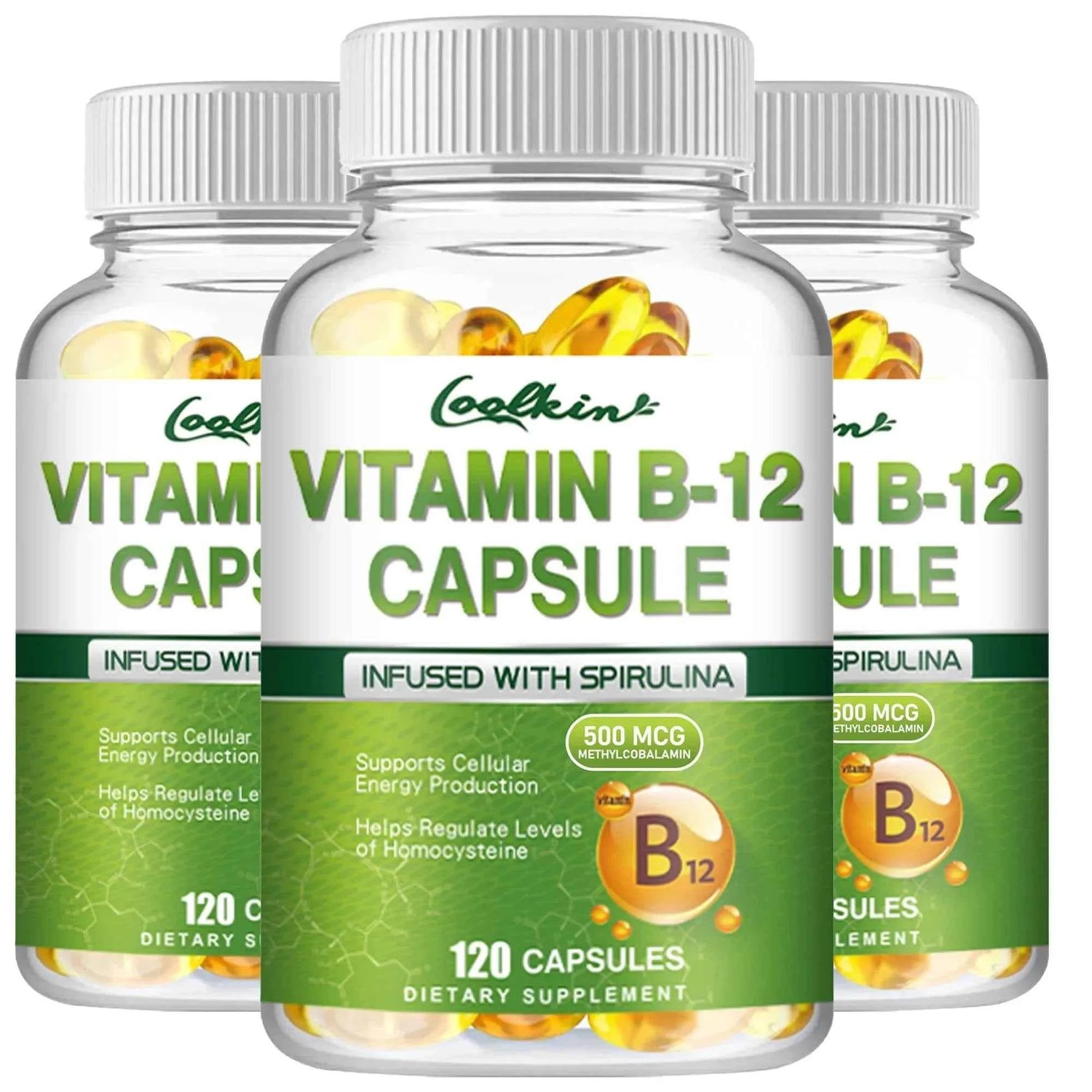 Vitamin B12 Capsules - with Organic Spirulina - Supports Energy Metabolism, Mood, Heart and Nervous System Health - 120 Capsules