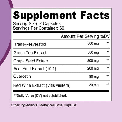 Resveratrol - Supports Skin, Cardiovascular Health, Boosts Metabolism, Antioxidant, Anti-aging - 120 Capsules