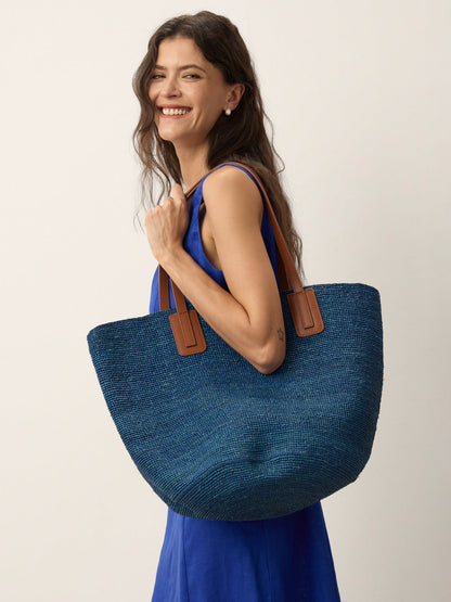 Handwoven Raffia Tote Bag With Leather Handles by LINTICO