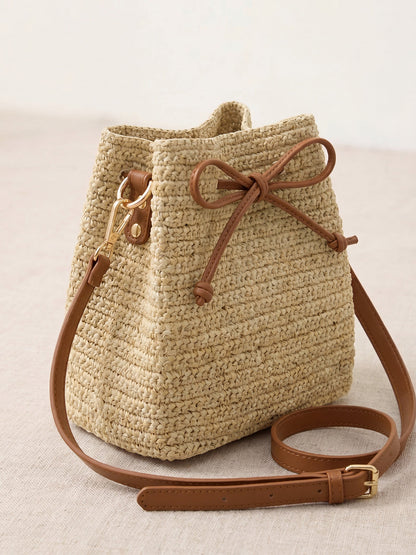 Mini Handwoven Raffia Drawstring Crossbody Bag by LINTICO