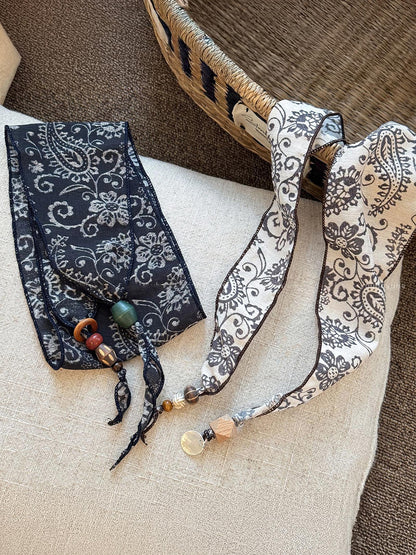 Multi-Functional Floral Satin Scarf With Jade Bead Accents by LINTICO
