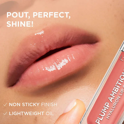 Lip gloss application on lips with product packaging in the corner, featuring text about product features.