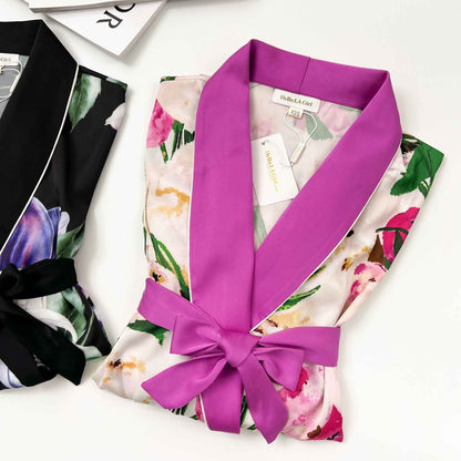 Pink Flower Print Purple Silky Satin Robe With Belt