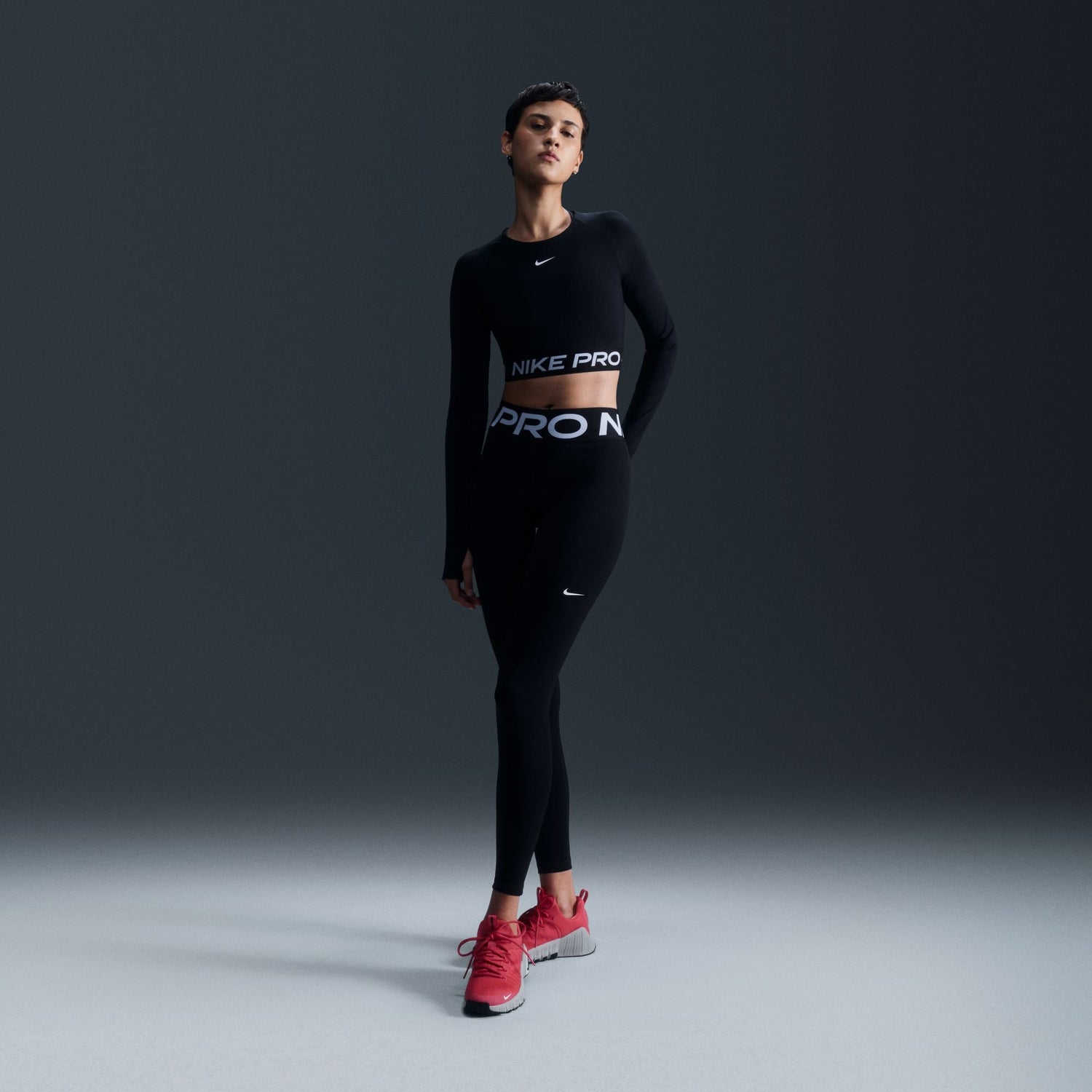 Nike Womens Pro Cropped Long Sleeve - Black White by Denim Exchange