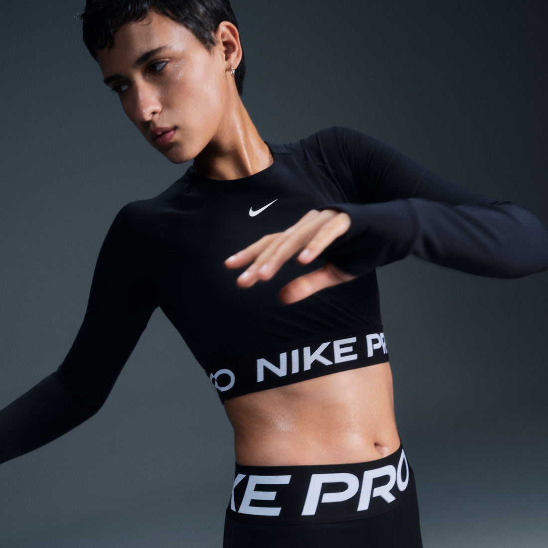 Nike Womens Pro Cropped Long Sleeve - Black White by Denim Exchange