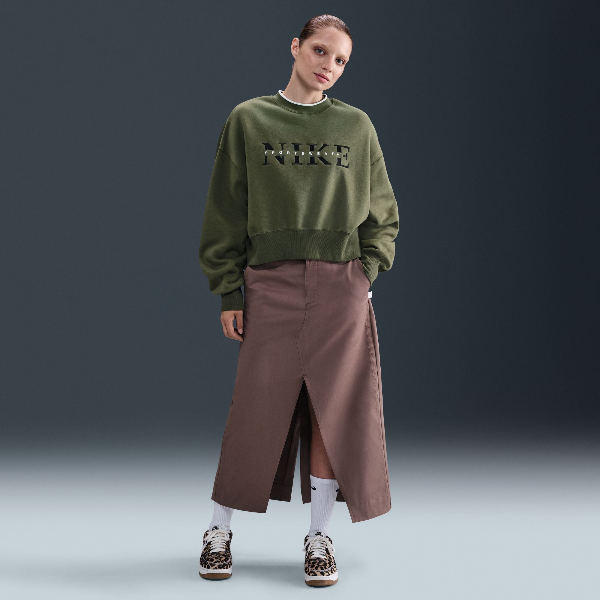 Nike Womens Phoenix Oversized Crewneck - Medium Olive by Denim Exchange