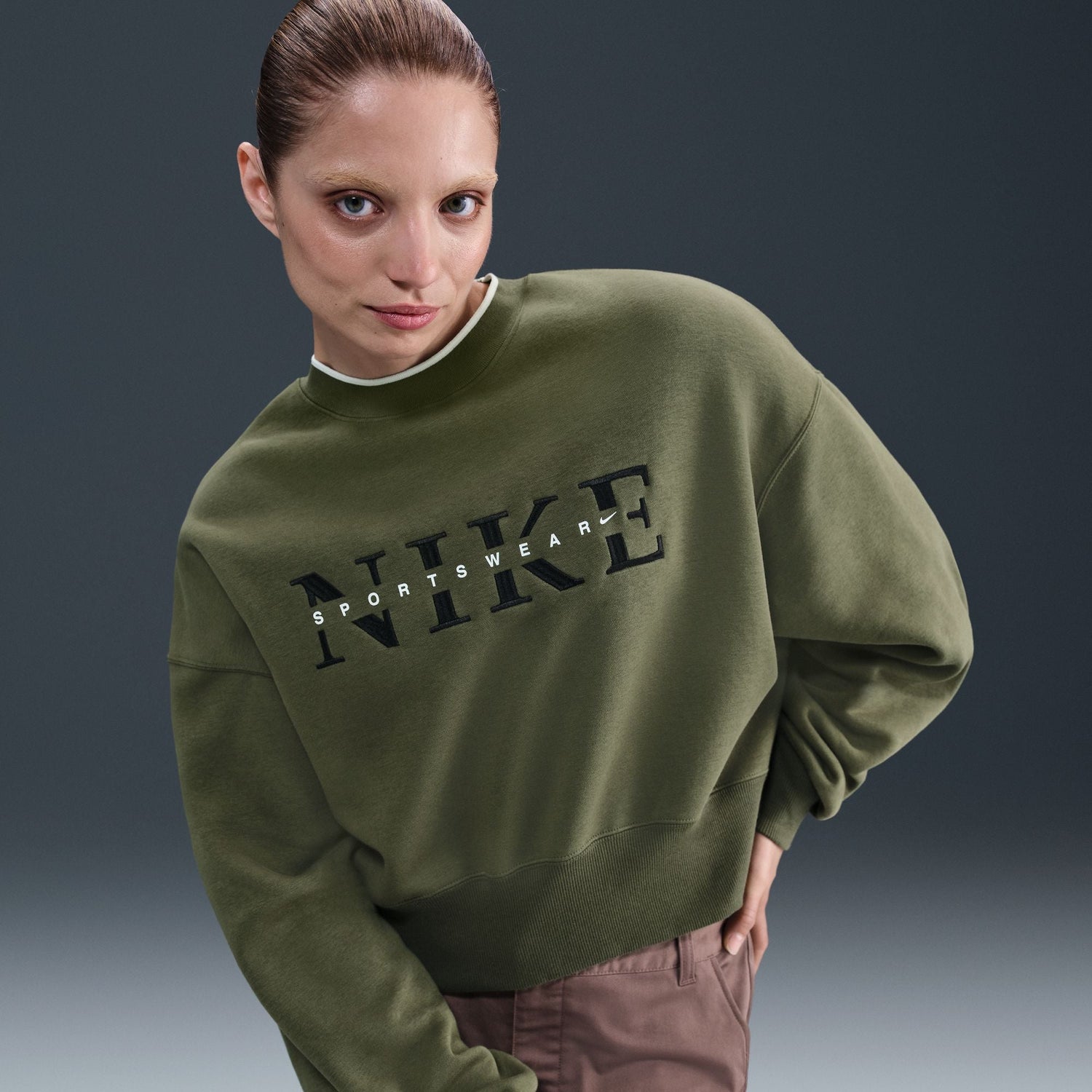 Nike Womens Phoenix Oversized Crewneck - Medium Olive by Denim Exchange