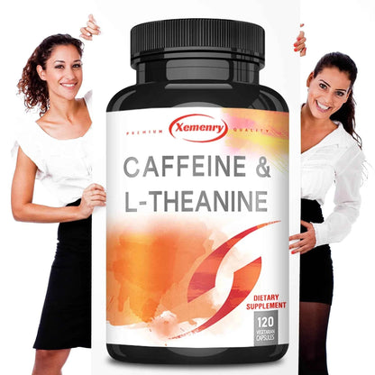 Caffeine &amp; L-theanine Capsules - Enhances Energy Levels, Focus and Concentration - 120 Capsules