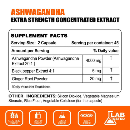 Nature4U Ashwagandha 4000mg Extra Strength, Natural Adaptogen Mood &amp; Stress Support, Sleep &amp; Energy Support, 90 Vegan Capsules