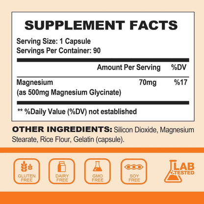 Magnesium Glycinate 500mg, 100% Chelate for High Absorption Magnesium Supplement for Sleep, Muscle, Heart, Never and Bone Suppor