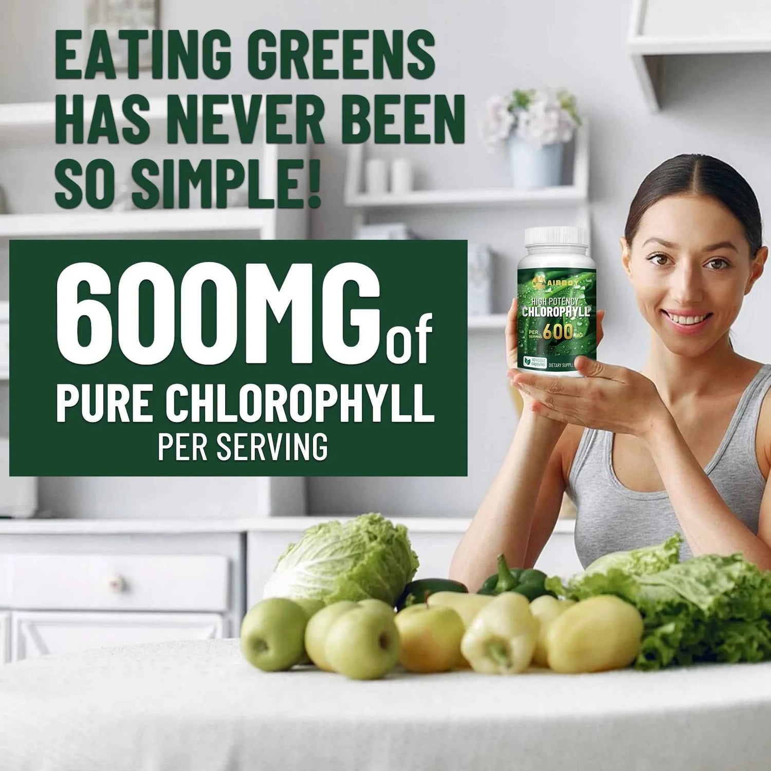 Chlorophyll Supplement 600mg - Relieves Eye Fatigue, Enhances Energy, Internal Cleanliness, Enhances Immunity - 60 Capsules