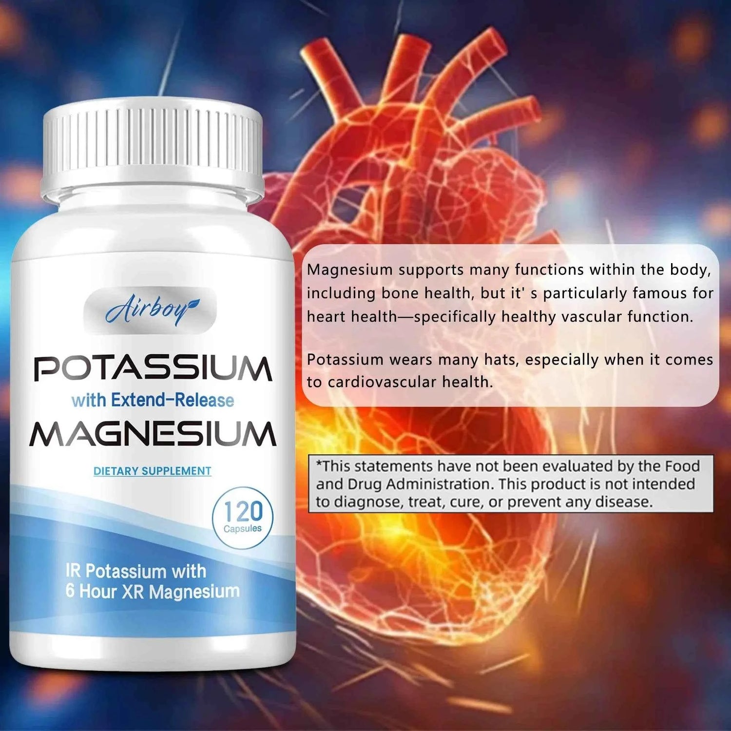 Potassium with Magnesium Supplement - Blood Pressure Support, Promotes Healthy Blood Flow, Heart Health - 120 Capsules