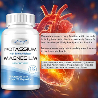 Potassium with Magnesium Supplement - Blood Pressure Support, Promotes Healthy Blood Flow, Heart Health - 120 Capsules
