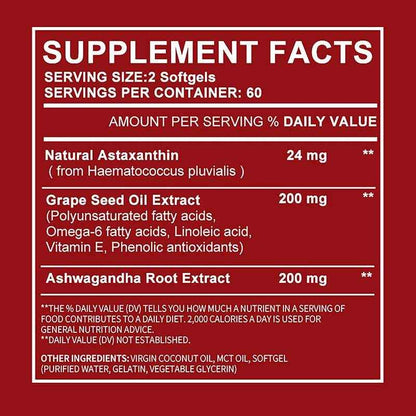 Astaxanthin 24mg - with Ashwagandha, Grape Seed Oil Extract - Supports Eye and Skin Health, Antioxidant - 120 Capsules