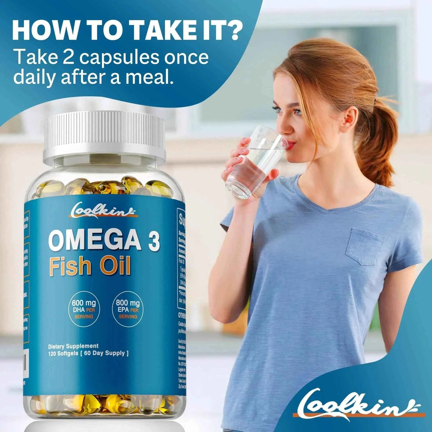 Omega 3 Fish Oil - with DHA &amp; EPA - Supports Brain, Nervous System, Cardiovascular, Skin Health, Antioxidant - 120 Capsules