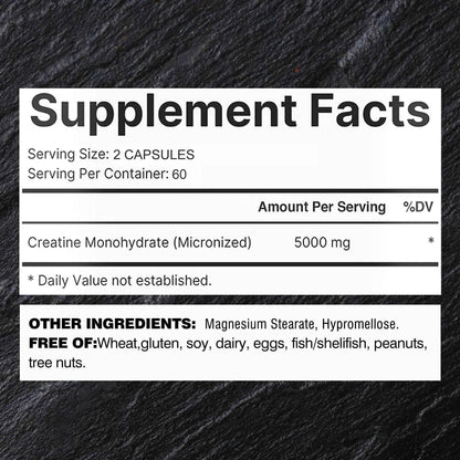 Creatine Monohydrate - Improves Athletic Performance, Strength, Endurance and Muscle Building - 120 Capsules