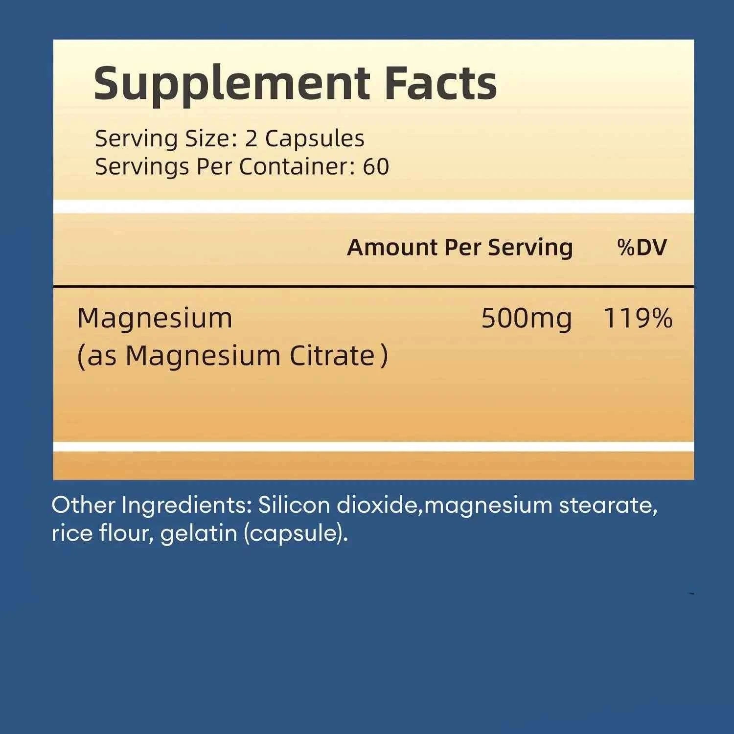Magnesium Citrate Capsules - Muscle, Bone, Heart, Nervous System Support, Improve Sleep - 120 Capsules