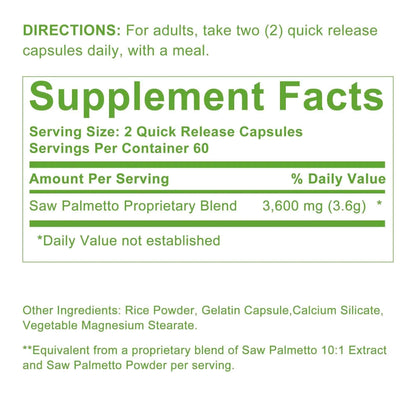 Saw Palmetto - Promotes Hair Growth and Urinary Support, Prostate Health, Prevents Hair Loss - 120 Capsules