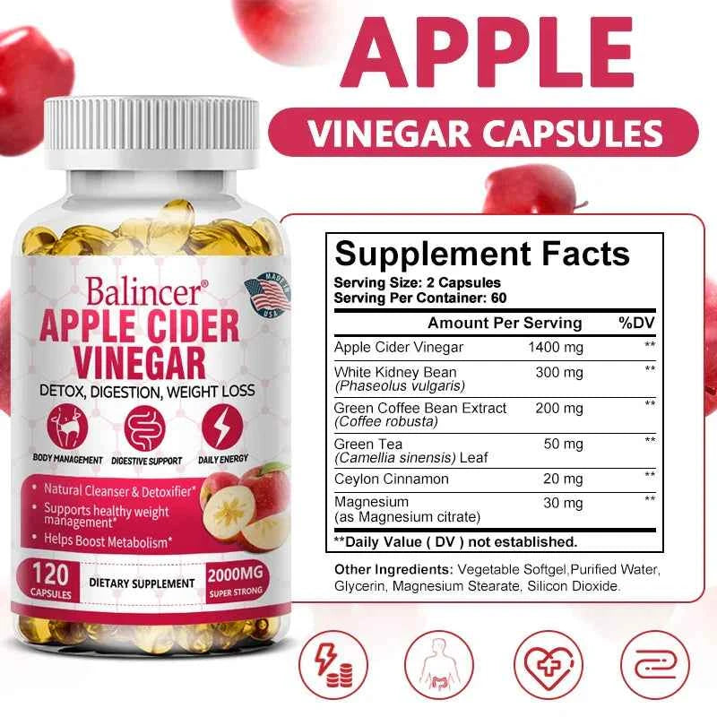 Apple Cider Vinegar Capsules, Magnesium, Green Tea - Detox, Relieve Bloating and Constipation, Burn Fat