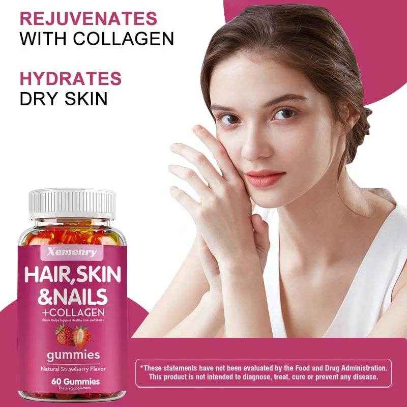 Hair, Skin &amp; Nails + Collagen Gummies - Promotes Healthy Skin, Joints, Hair, Nails, Antioxidants - 60 Gummies
