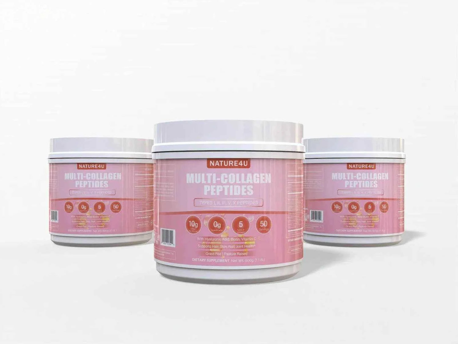 Nature4U Multi Collagen Peptides Powder with Biotin, Hyaluronic Acid, , Vitamin C for Healthy Hair, Skin, Nails, Joint, 1.1LB