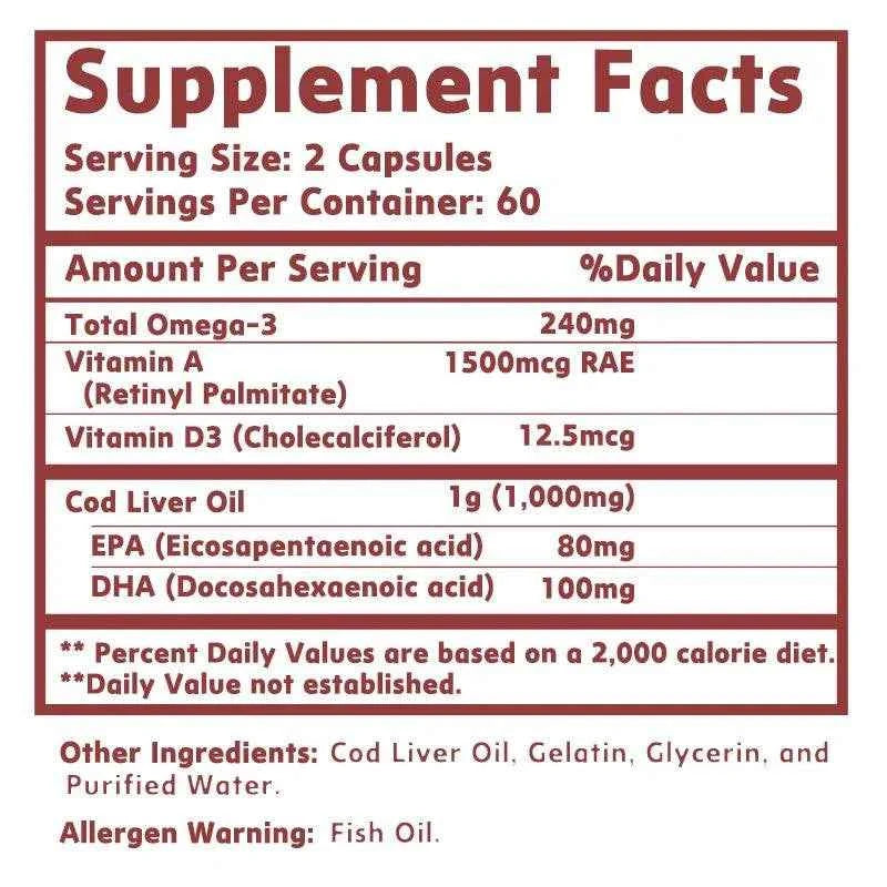 Cod Liver Oil - Heart Joint Brain &amp; Immune Support - Omega 3 EPA/DHA - 120 Capsules