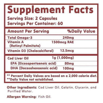 Cod Liver Oil - Heart Joint Brain &amp; Immune Support - Omega 3 EPA/DHA - 120 Capsules