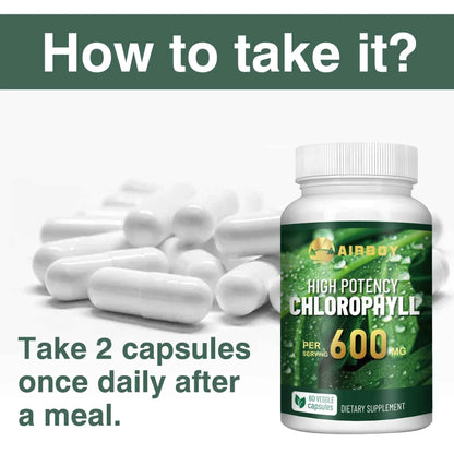Chlorophyll Supplement 600mg - Relieves Eye Fatigue, Enhances Energy, Internal Cleanliness, Enhances Immunity - 60 Capsules
