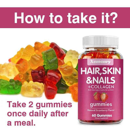 Hair, Skin &amp; Nails + Collagen Gummies - Promotes Healthy Skin, Joints, Hair, Nails, Antioxidants - 60 Gummies