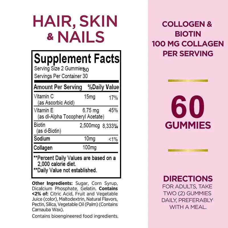Hair, Skin &amp; Nails Vitamins - Contains Biotin, Collagen - Promotes Hair Growth, Nourishes Skin, Strengthens Nails - 60 Gummies
