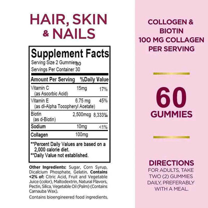 Hair, Skin &amp; Nails Vitamins - Contains Biotin, Collagen - Promotes Hair Growth, Nourishes Skin, Strengthens Nails - 60 Gummies