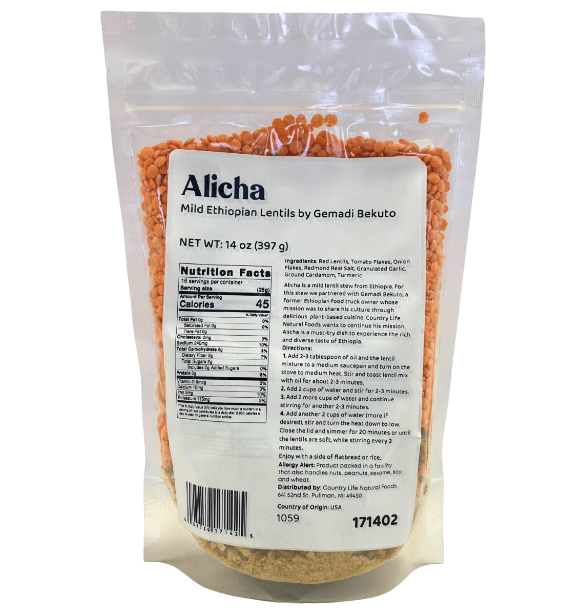 Alicha - Mild Ethiopian Red Lentils by Country Life Natural Foods