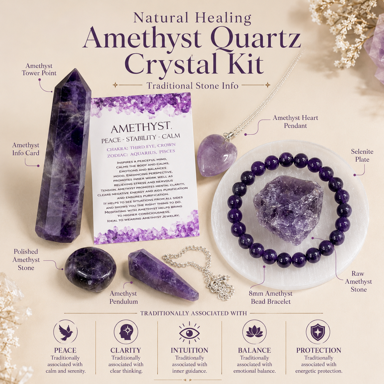Amethyst Crystal Gift Set For Emotional Support and Protection, Real Polished Gemstones.  DestGlow