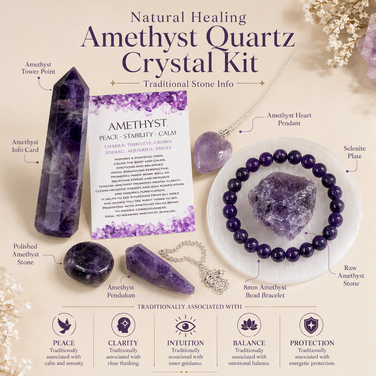 Amethyst Crystal Gift Set For Emotional Support and Protection, Real Polished Gemstones.  DestGlow