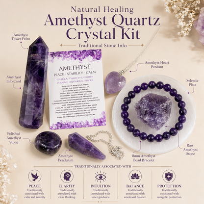 Amethyst Crystal Gift Set For Emotional Support and Protection, Real Polished Gemstones.  DestGlow