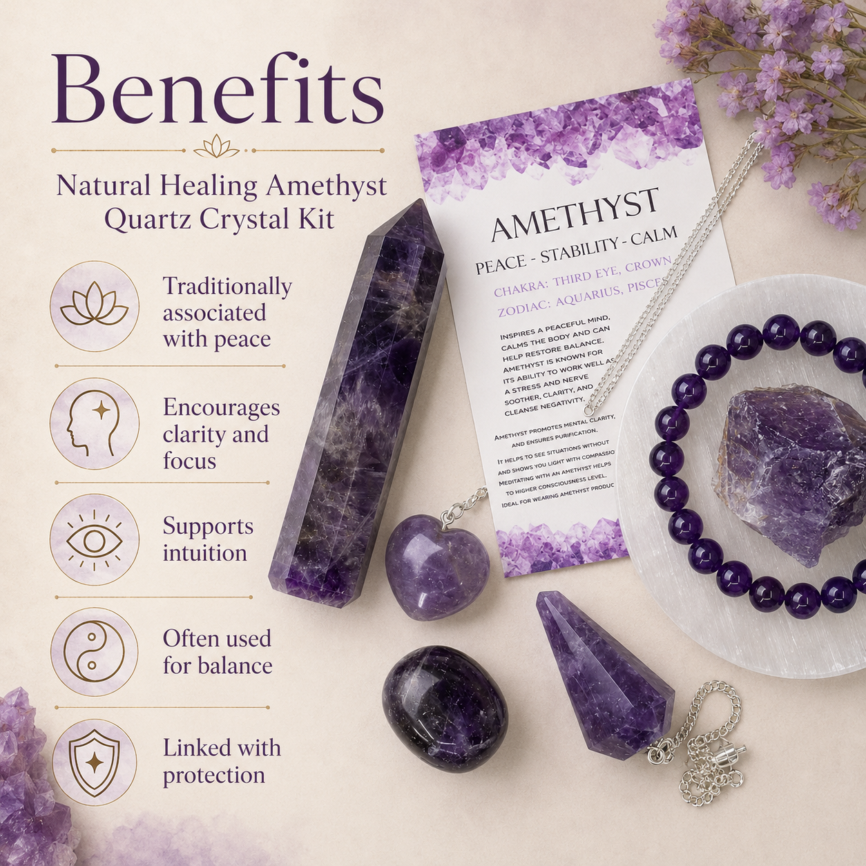 Amethyst Crystal Gift Set For Emotional Support and Protection, Real Polished Gemstones.  DestGlow