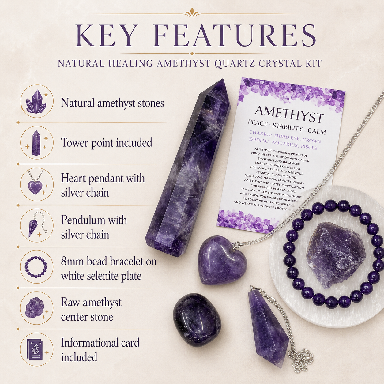 Amethyst Crystal Gift Set For Emotional Support and Protection, Real Polished Gemstones.  DestGlow