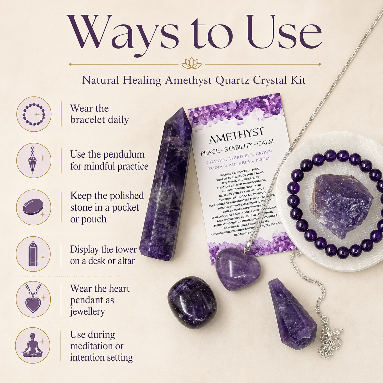 Amethyst Crystal Gift Set For Emotional Support and Protection, Real Polished Gemstones.  DestGlow