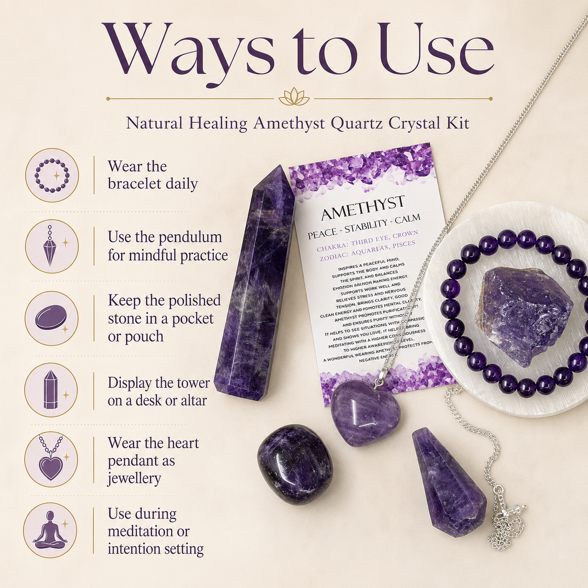 Amethyst Crystal Gift Set For Emotional Support and Protection, Real Polished Gemstones.  DestGlow