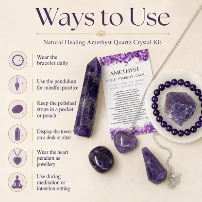 Amethyst Crystal Gift Set For Emotional Support and Protection, Real Polished Gemstones.  DestGlow