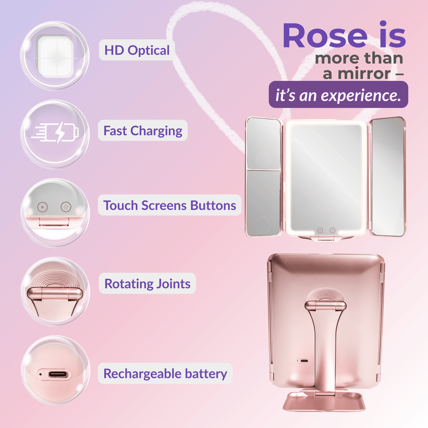 Rose InBella Compact &amp; Travel Mirror with LED Light – Rechargeable