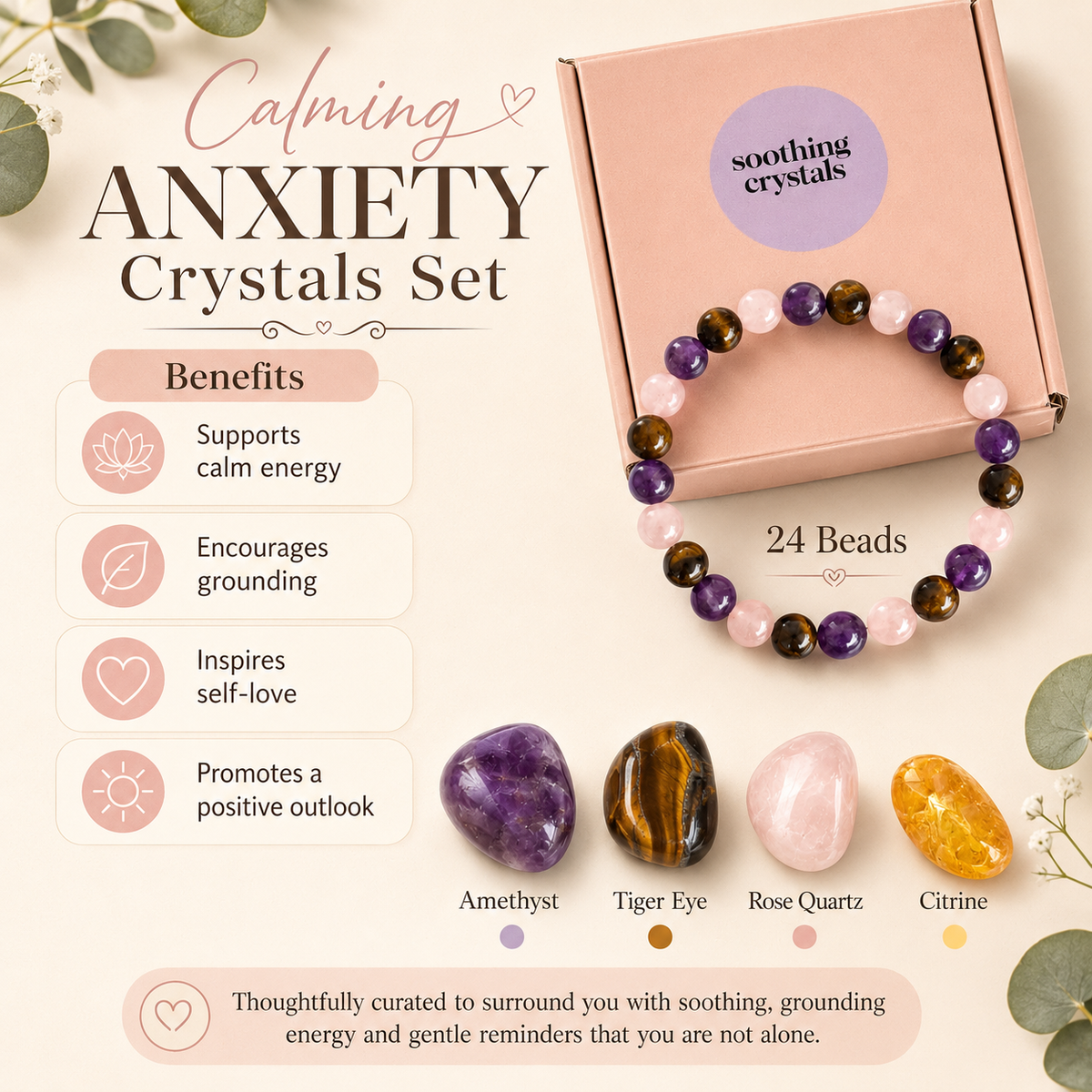 Calming ANXIETY Crystal Kit, Gemstone Tumble Kit, Anxiety Crystal Gift Set  DestGlow